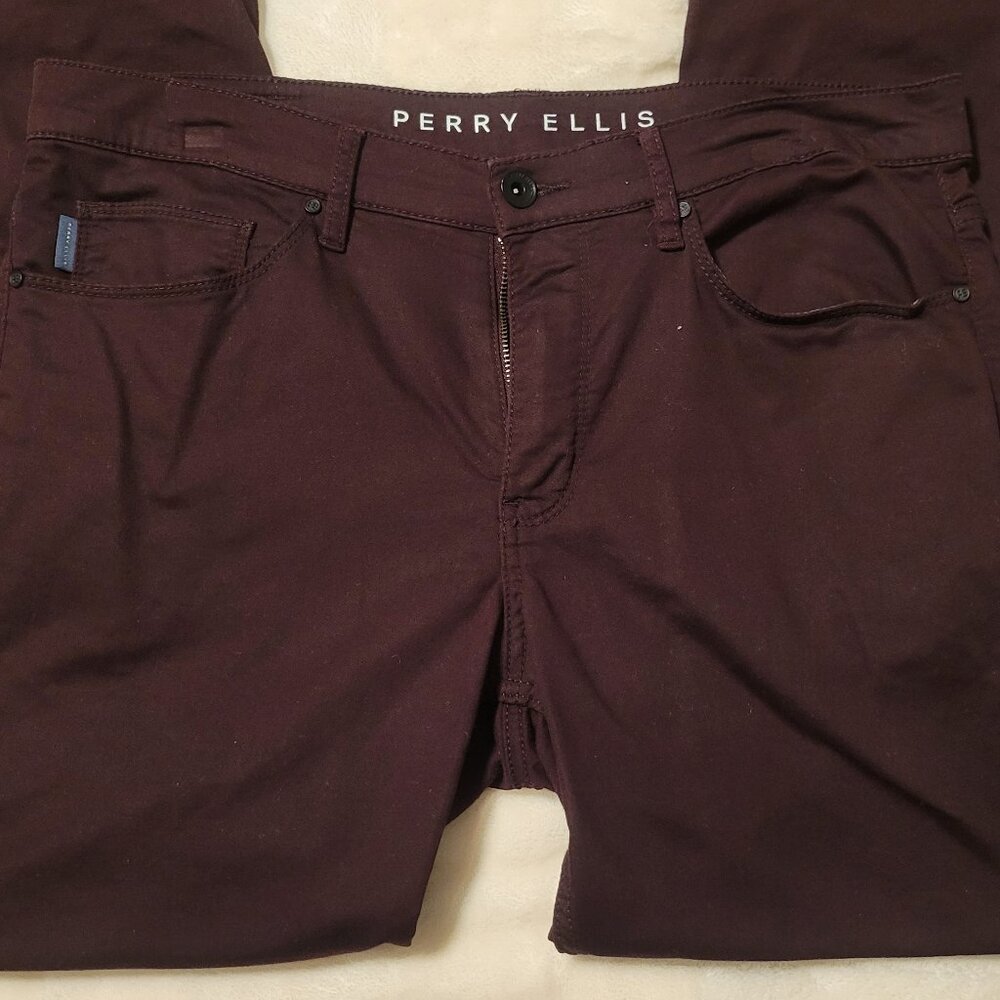 Perry Ellis Dark Red Slim Fit Stretch Flat Front Cotton Casual Pants 32x30
